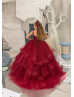 Beaded Burgundy Lace Tulle Corset Back Flower Girl Dress